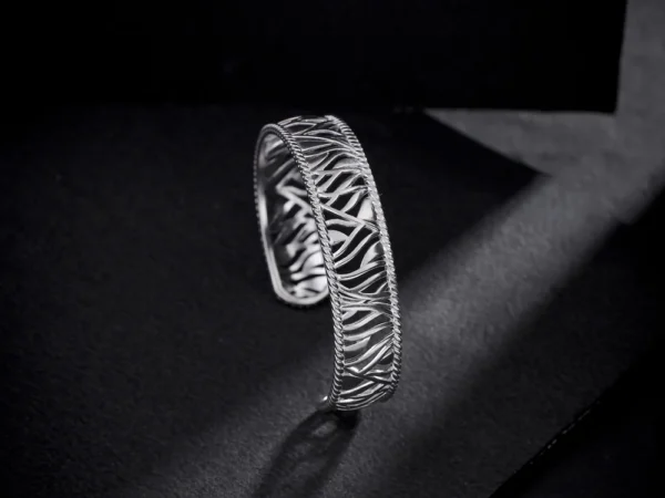 Rhodium-Plated Abstract Jali Cuff Bangle in 925 Sterling Silver